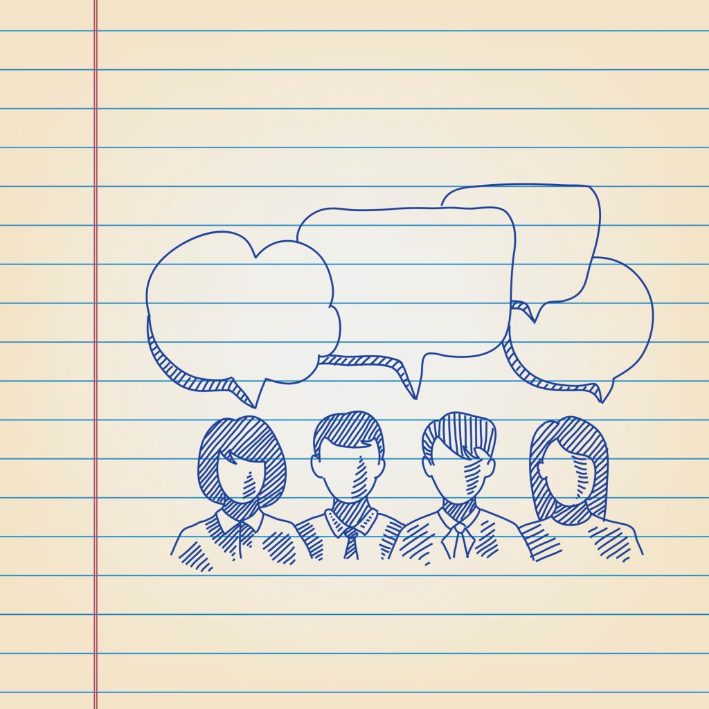 Group of People with speech bubbles Drawing on ruled paper