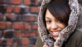 African American Beautiful Teenage Girl in Hooded Jacket, Copy Space