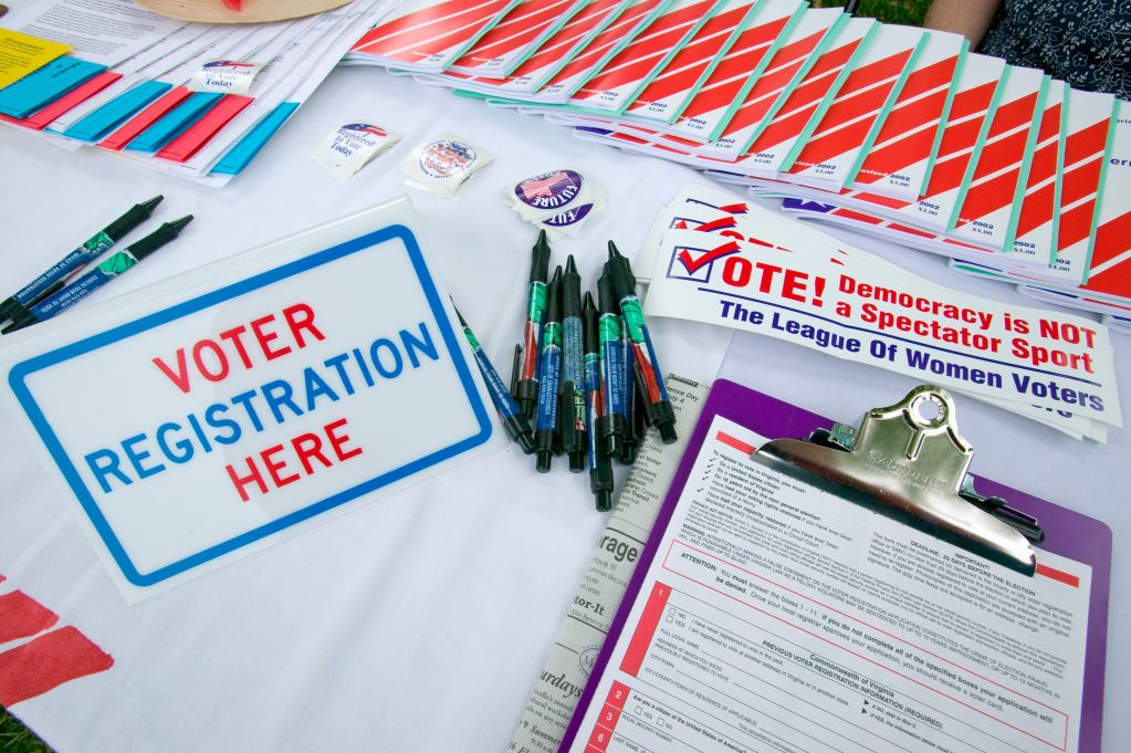 Voter registration forms promoting citizen participation at Thomas Jefferson's Monticello on July 4, 2005 for new American Citizens being sworn in as American Citizens