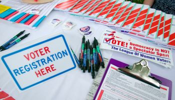 Voter registration forms promoting citizen participation at Thomas Jefferson's Monticello on July 4, 2005 for new American Citizens being sworn in as American Citizens