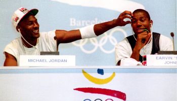 Basketball stars Michael Jordan (L) and Earvin "Ma