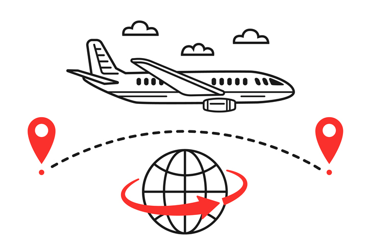 International plane flight travel trip, airplane fly tourist route around world, aircraft path over earth globe line icon. Air aviation transport way. GPS navigation, location tracking, map pin. Vector