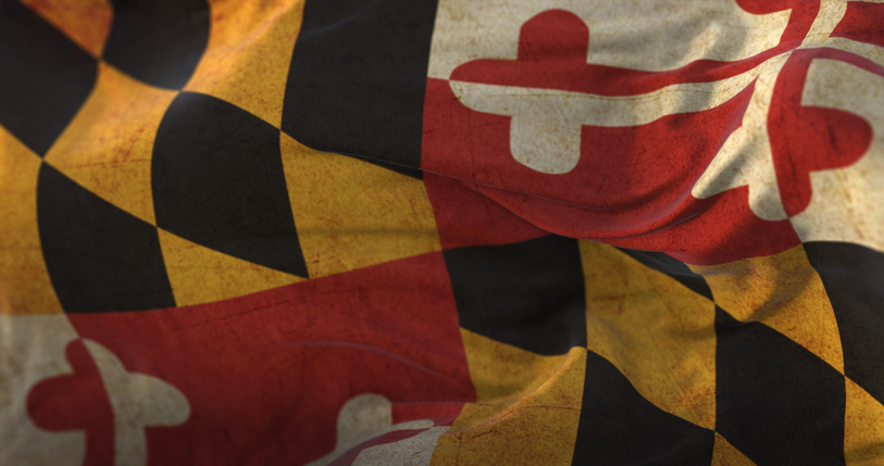 Old Flag of american state of Maryland, United States, waving at wind