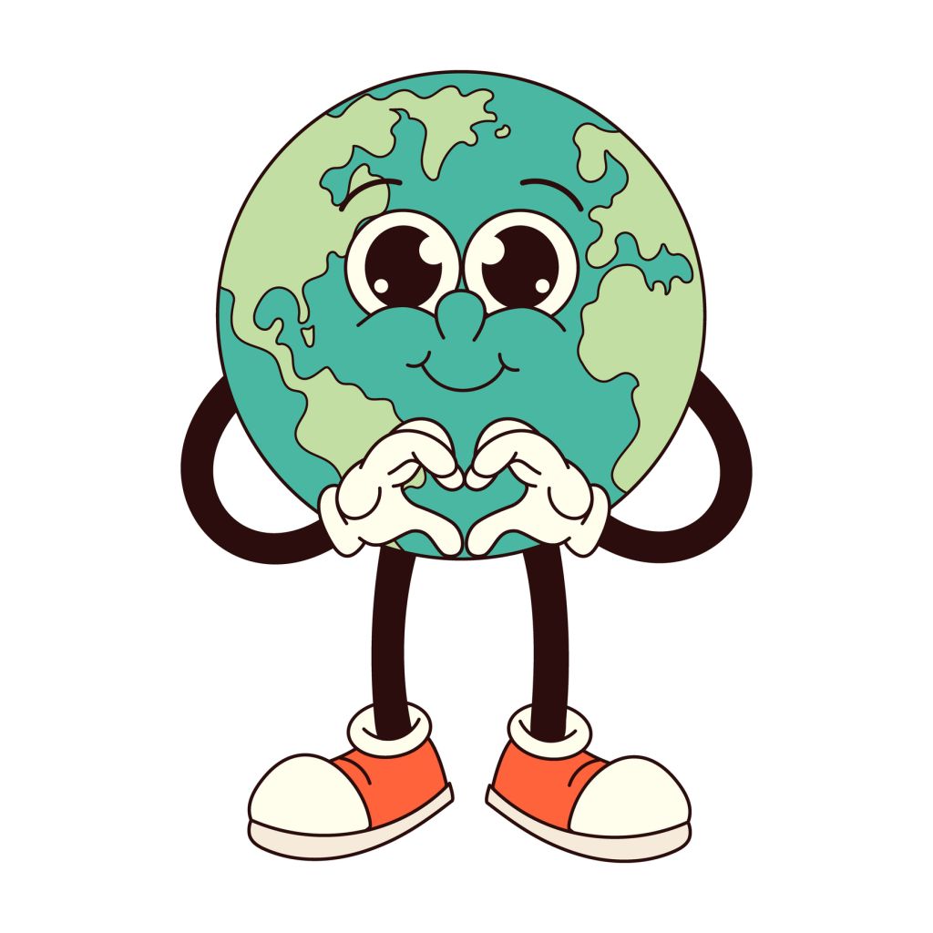 Earth with heart character in trendy retro groovy style. Earth Day.