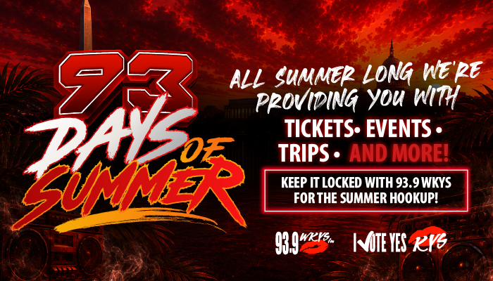 Fiery red and orange background with large text reading "93 DAYS OF SUMMER" and "ALL SUMMER LONG WE'RE PROVIDING YOU WITH TICKETS, EVENTS, TRIPS, AND MORE!