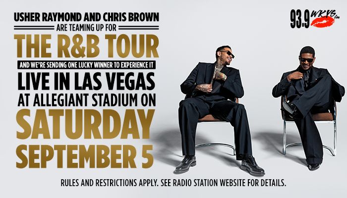 Usher Raymond and Chris Brown seated on chairs, promoting their R&B tour and a chance to experience it live in Las Vegas at Allegiant Stadium on September 5.