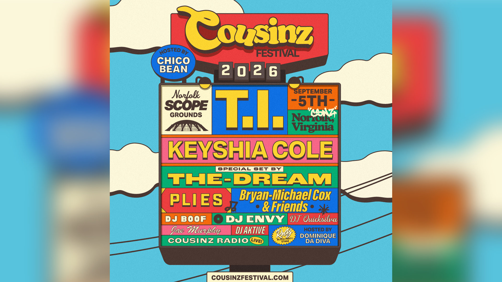Cousinsz Festival 2026 poster featuring T.I., Keyshia Cole, The-Dream, and other performers at Norfolk Scope Grounds in Virginia on September 5th.