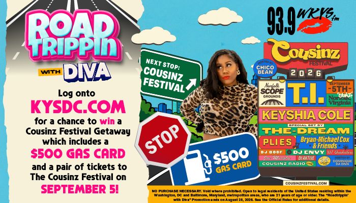 Colorful road trip-themed advertisement for Cousins Festival, featuring a woman in leopard print clothing and text promoting a chance to win a festival getaway.