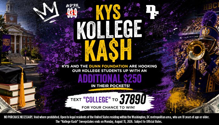 KYS Kollege Kash promotion with text "TEXT 'COLLEGE' TO 37890 FOR YOUR CHANCE TO WIN" and images of a campus building, marching band, and money.