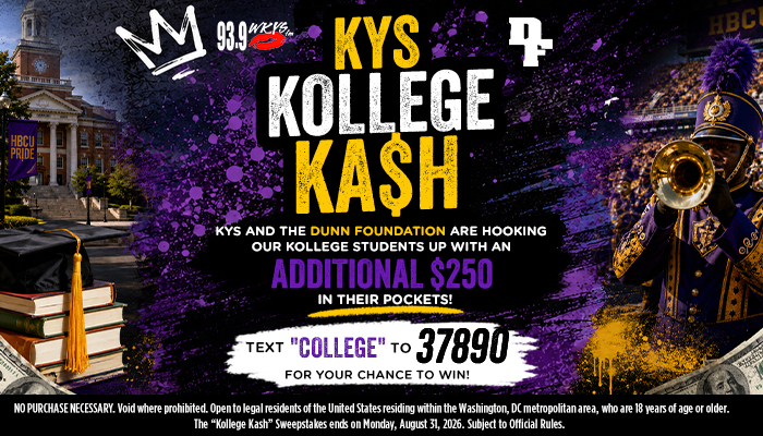 KYS Kollege Kash promotion with text "TEXT 'COLLEGE' TO 37890 FOR YOUR CHANCE TO WIN" and HBCU Pride marching band imagery.