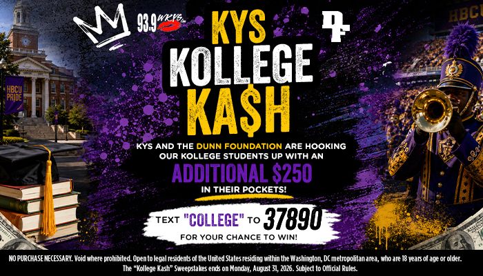 KYS Kollege Kash promotion with text "TEXT 'COLLEGE' TO 37890 FOR YOUR CHANCE TO WIN" and HBCU Pride marching band imagery.
