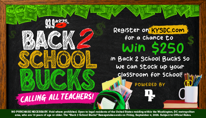 Back 2 School Bucks promotion on chalkboard with school supplies, offering chance to win $250 in Back 2 School Bucks, powered by KYSDC.com radio station.