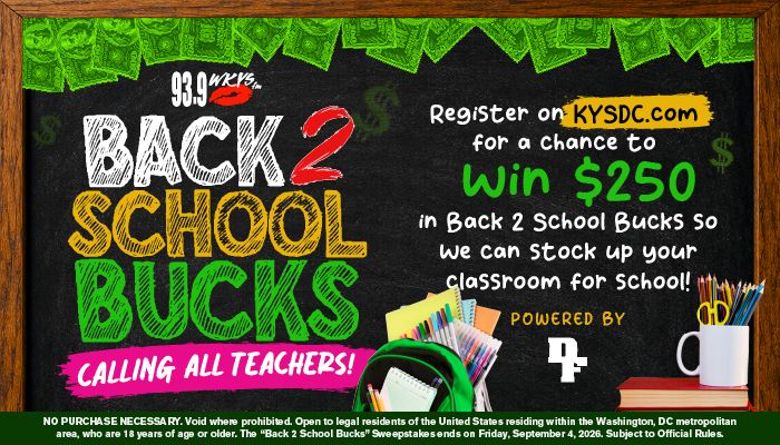 Back 2 School Bucks promotion on chalkboard with school supplies, offering chance to win $250 in Back 2 School Bucks, powered by KYSDC.com radio station.